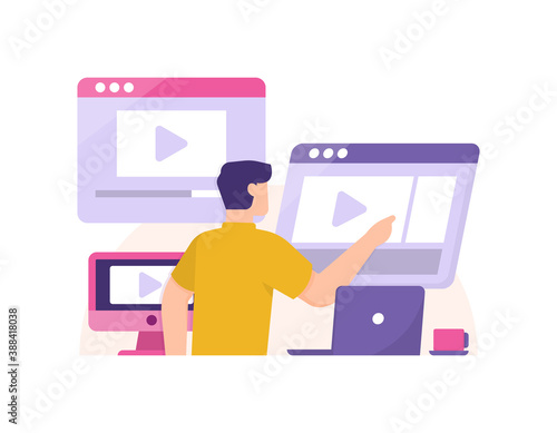 Video or film editor concept. illustration of a man editing or cutting a footage or frame on a screen. editor equipment, laptops and computer monitors. flat style. design elements