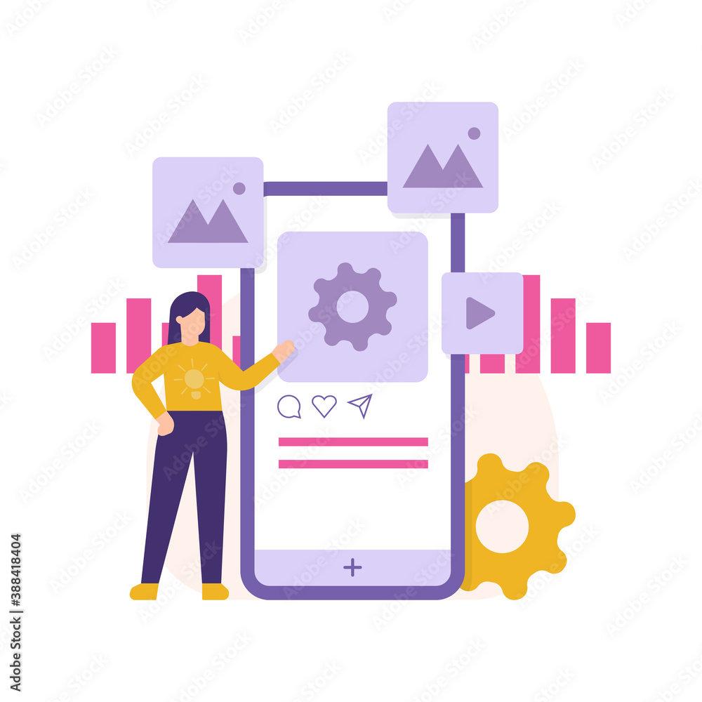 the concept of content creator and social media management. digital marketing. illustration of a woman standing next to a smartphone and trying to post or upload an image and video. flat style vector the concept of content creator and social media management. digital marketing. illustration of a woman standing next to a smartphone and trying to post or upload an image and video. flat style vector