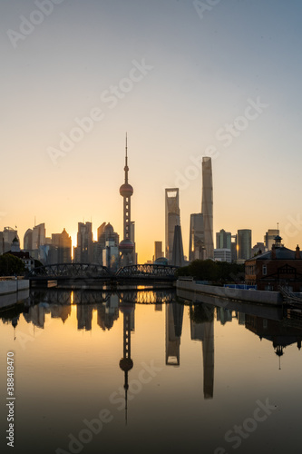 The sunrise view of Lujiazui, the financial district and landmark in Shanghai, China. © Zimu