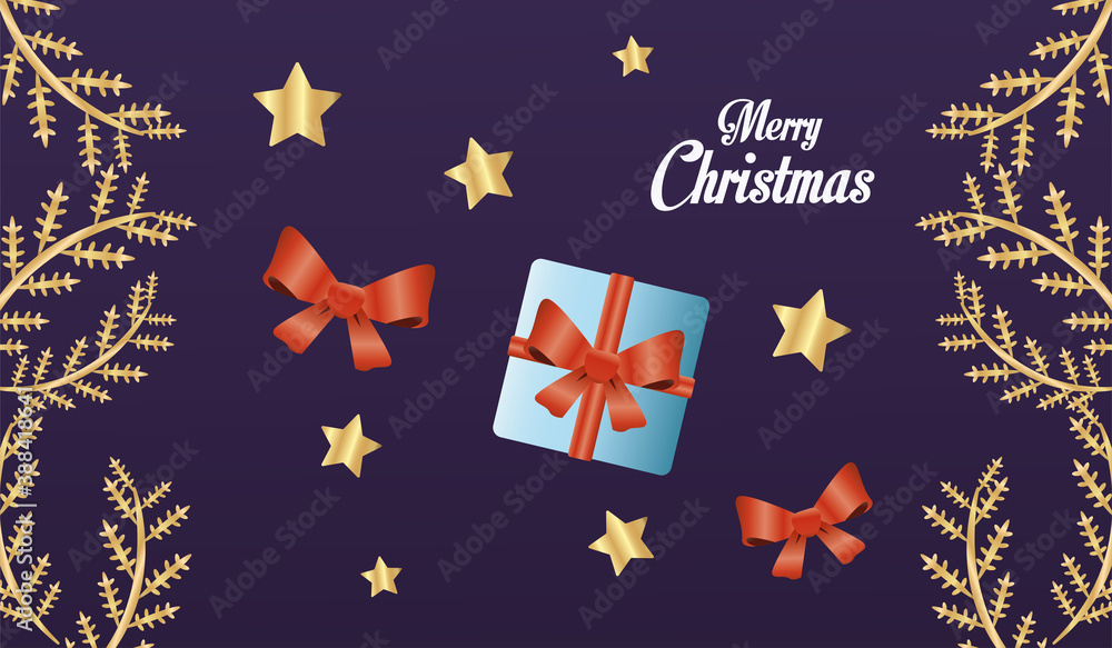 happy merry christmas card with gift and stars happy merry christmas card with gift and stars