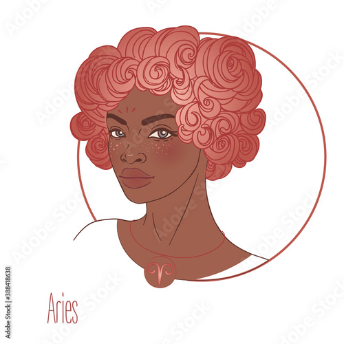 Illustration of Aries astrological sign as a beautiful African American girl. Zodiac vector illustration isolated on white. Future telling, horoscope, alchemy, spirituality, fashion black woman.