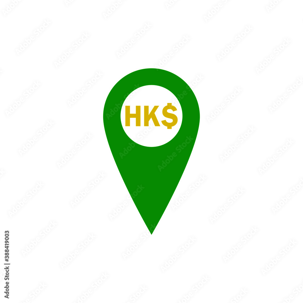 Green location pin and hong kong dollar sign on white background Green location pin and hong kong dollar sign on white background