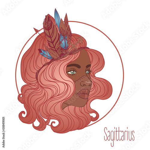 Illustration of Sagittarius astrological sign as a beautiful African American girl. Zodiac vector illustration isolated on white. Future telling, horoscope, alchemy, spirituality, fashion black woman.