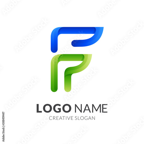 letter F logo design with 3d blue and green color style