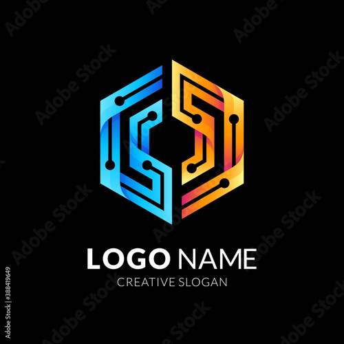 hexagon tech logo, hexagon and technology, combination logo with 3d blue and orange color style