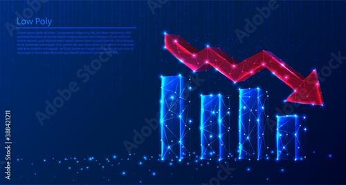 Polygonal growth charts and red arrow decreasing on dark blue tech background, triangles and particle style design. 