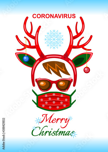 Coronavirus, headdress deer antlers and medical mask isolated on a white background. Flat cartoon design vector, illustration.