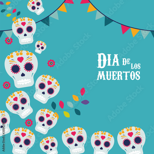 dia de los muertos poster with skulls and garlands