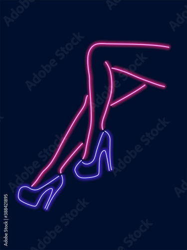 Vector illustration. Neon female legs in blue shoes.