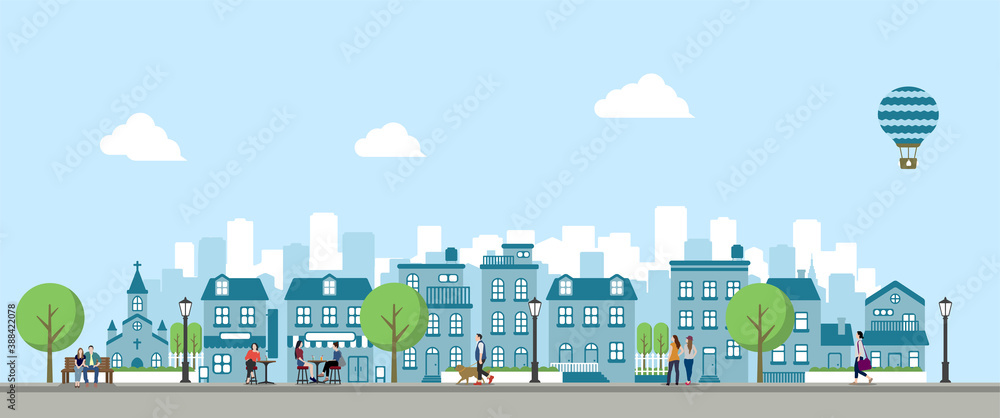 Modern city / town street flat vector illustration (People in daily life)