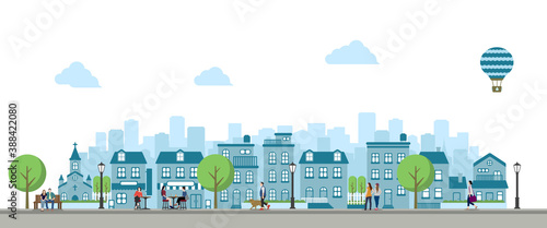 Modern city / town street flat vector illustration (People in daily life)