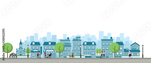 Modern city / town street flat vector illustration (People in daily life)