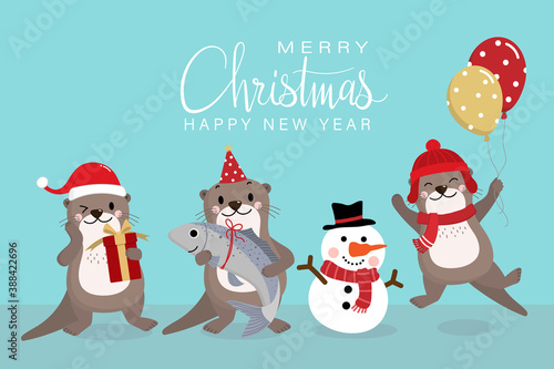 Cute otter in red costume for Christmas holidays and gift. Animal wildlife in winter cartoon character set. -Vector