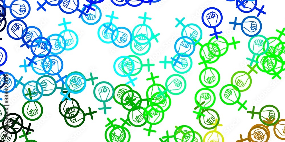 Light Blue, Green vector backdrop with woman's power symbols. Light Blue, Green vector backdrop with woman's power symbols.