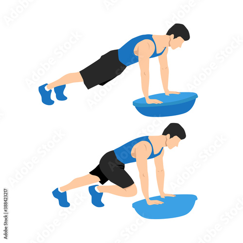 Man doing bosu ball mountain climber. Abdominals exercise. Flat vector illustration isolated on white background.Editable file with layers