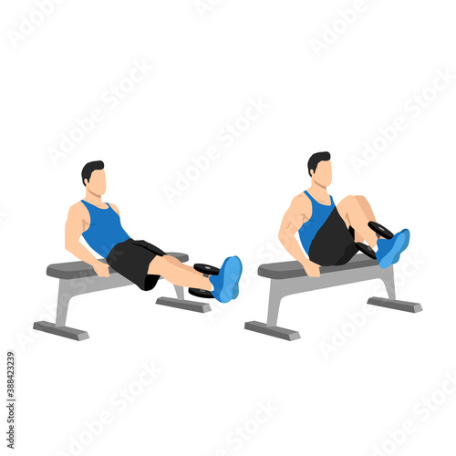 Man doing dumbbell weighted leg pull-ins. Abdominals exercise. Flat vector illustration isolated on white background.Editable file with layers