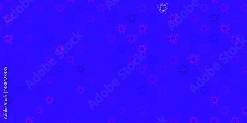Dark pink, blue vector background with covid-19 symbols.