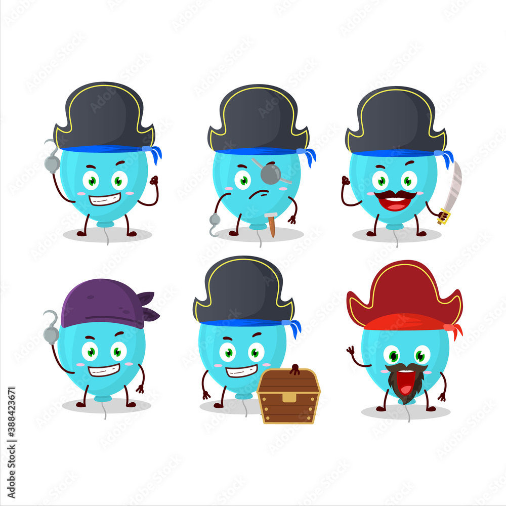 Cartoon character of blue balloon with various pirates emoticons