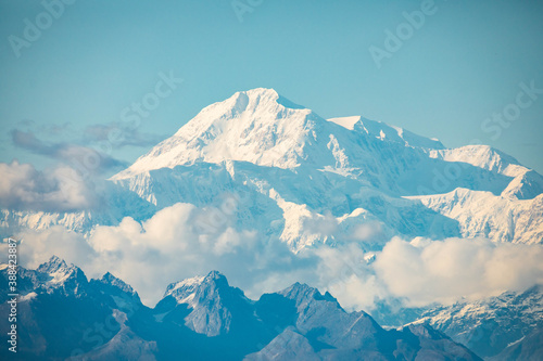 Closeup scenic view of Denali mountain peak at summer in Alaska
