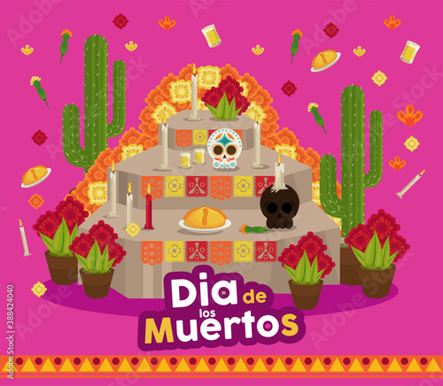 dia de los muertos poster with prayer altar and cactus
