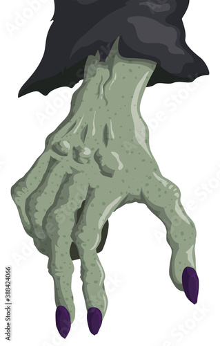 Pale and Green-Skinned Witch Hand with Black Sleeve  Vector Illustration