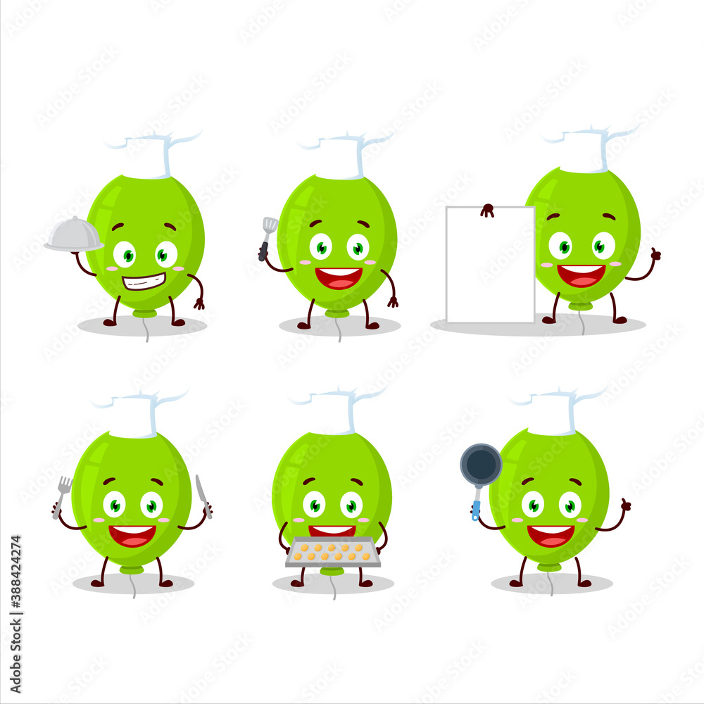 Cartoon character of green balloon with various chef emoticons Cartoon character of green balloon with various chef emoticons