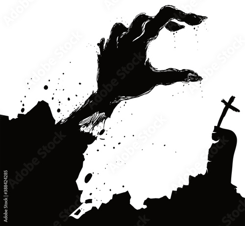 Zombie Hand Silhouette Coming Out from Graveyard, Vector Illustration