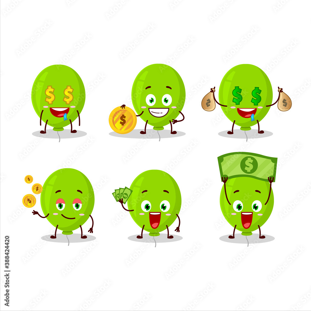 Obraz premium Green balloon cartoon character with cute emoticon bring money