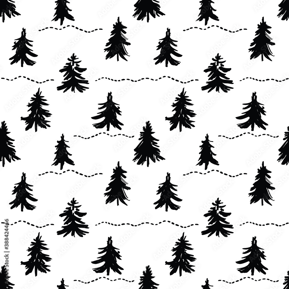 Seamless pattern with Christmas trees. Black and white background.