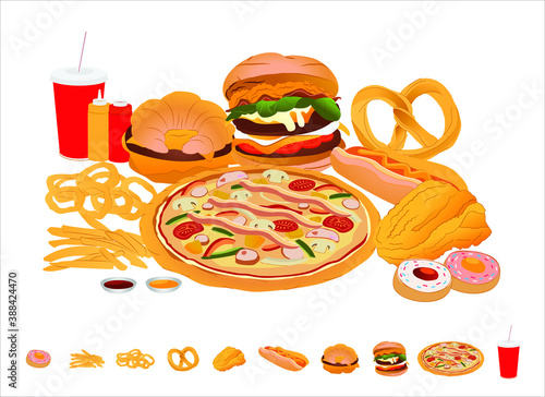 Set of junkfood high fat, calories and cholesterol but make mental happiness.Group of flat vector illustration