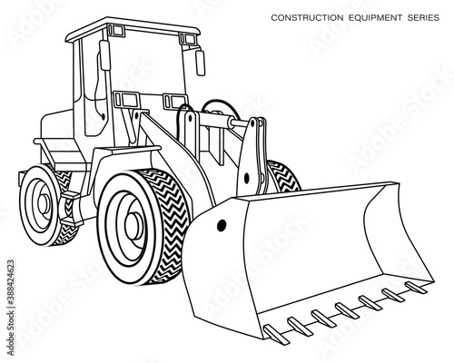 Children linear drawing for coloring book. Construction equipment loader, bulldozer in linear. Industrial machinery and equipment. Isolated vector on white