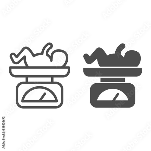 Scales with newborn child line and solid icon, Medical concept, balance with child sign on white background, Baby on scale icon in outline style for mobile concept and web design. Vector graphics.