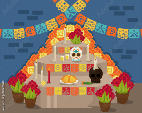 dia de los muertos poster with prayer altar and garlands