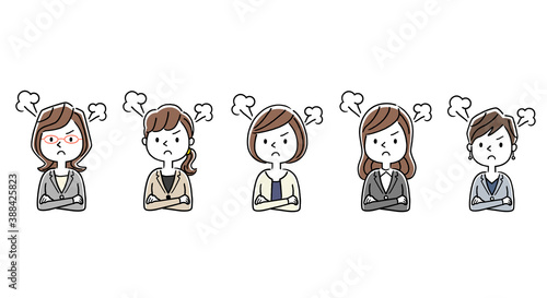 イラスト素材：スーツ姿のビジネス女性、激怒、セット
