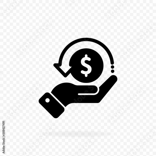 Cashback icon, logo. Hand hold coin. Money, dollar coin icon in black. Finance sign. Business icon. Money sign. Invest finance. Vector EPS 10