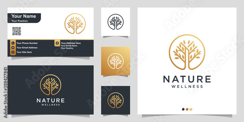 Nature logo with simple golden tree concept and business card design Premium Vector