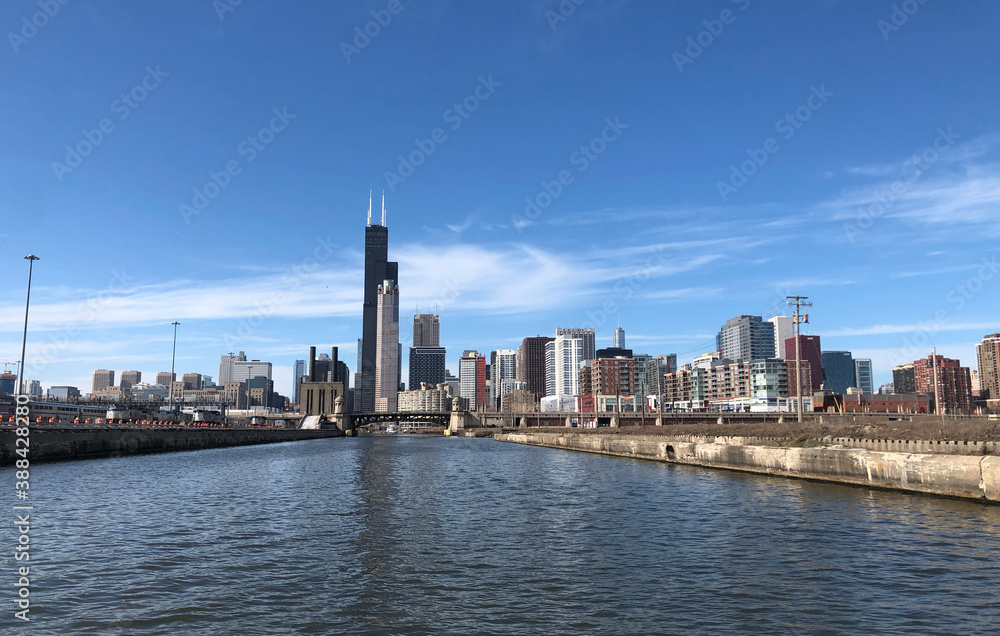 View of Chicago cityscape from Chicago River Illinois, United States.
