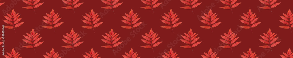 Fototapeta premium Seamless pattern from leaves of a mountain ash on a red background.