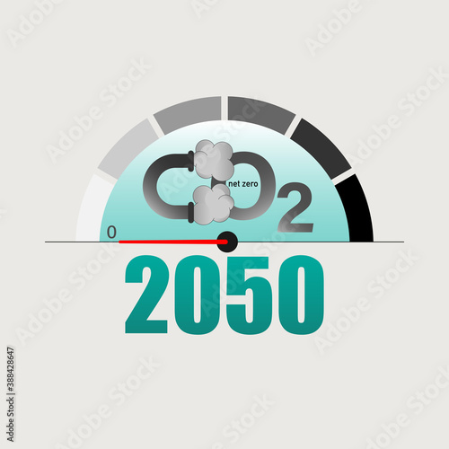 Measuring pointer display zero level as a gimmick of achieving net-zero CO2 emissions by 2050. Vector illustration outline flat design style.