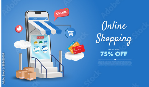 Online shopping store on website and mobile phone design. Smart business marketing concept. Horizontal view. Vector Illustration.