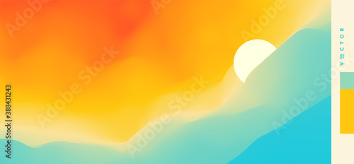 Seascape with sun. Sunset.  Can be used as a greeting card. Vector illustration.