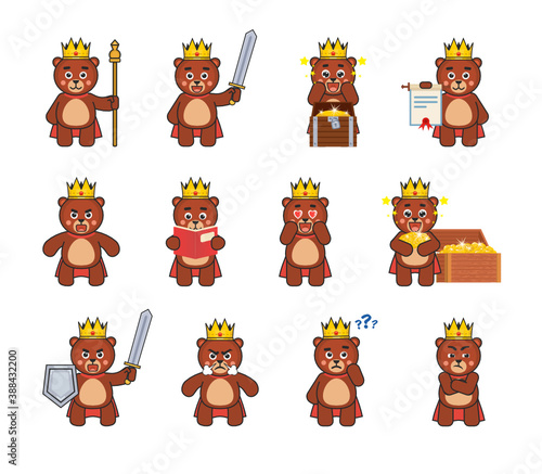 Set of bear king characters showing various actions. Chibi bear king reading book, holding scroll, sword, thinking and showing other actions. Vector illustration