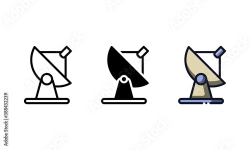 Parabolic antenna icon. With outline, glyph, and filled outline styles
