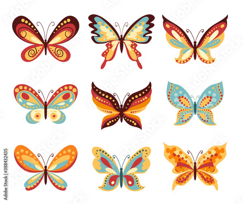 Set of vector cartoon butterflies on white. Various shapes of wings of butterfly and decoration on them. © Ghen