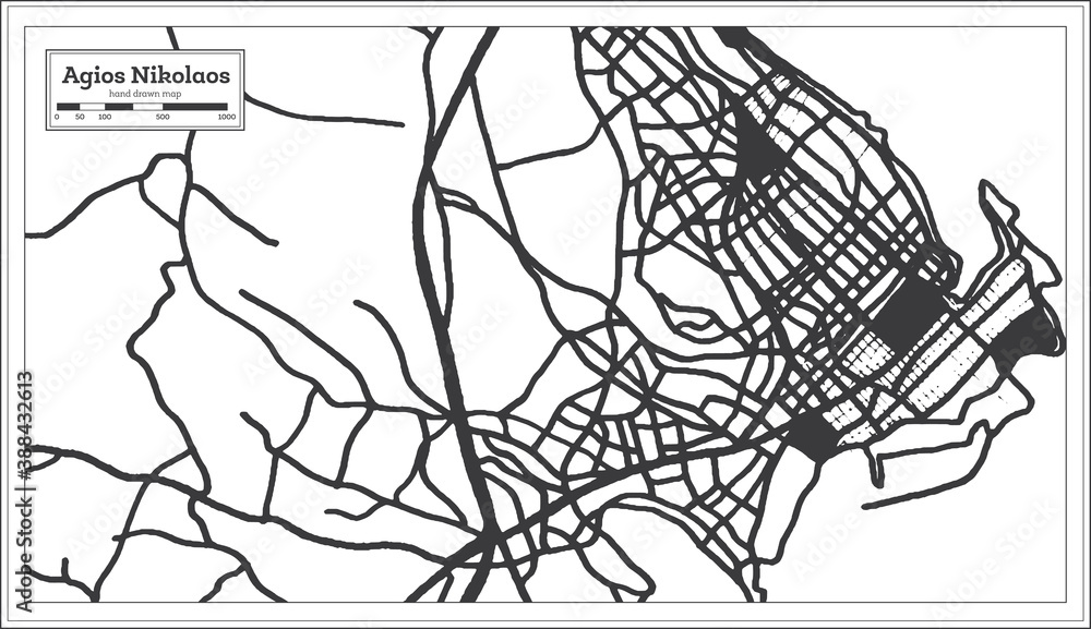 Obraz premium Agios Nikolaos Greece City Map in Black and White Color in Retro Style. Outline Map.
