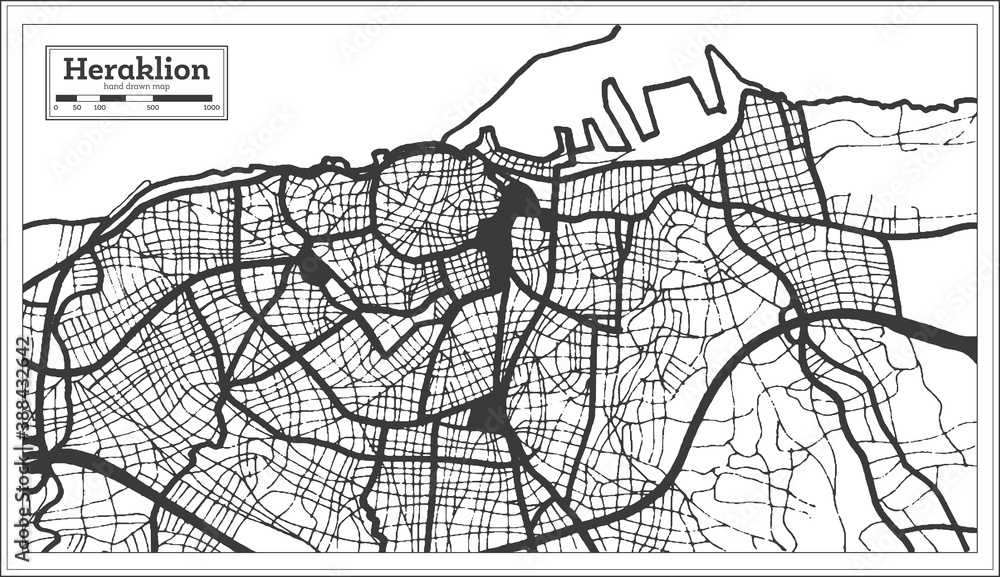 Heraklion Greece City Map in Black and White Color in Retro Style. Outline Map.