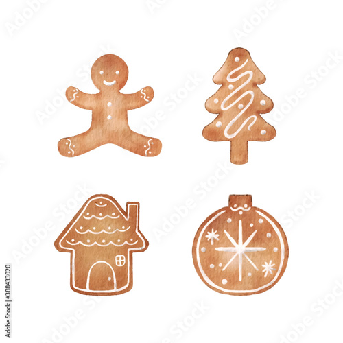 Christmas gingerbread cookies in watercolor style. Winter food element isolated on white background. Biscuit with sugar icing.