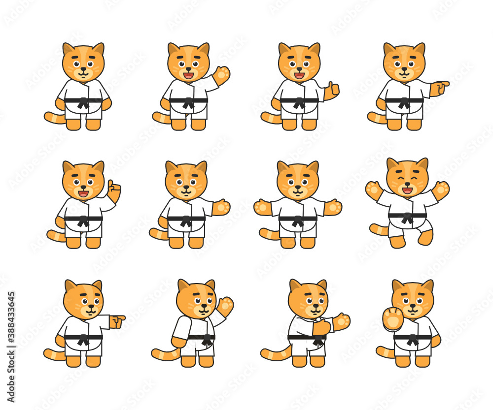 Set of cat karate mascots showing various hand gestures. Cute karate cat pointing, greeting, showing thumb up, stop sign and other gestures. Vector illustration bundle