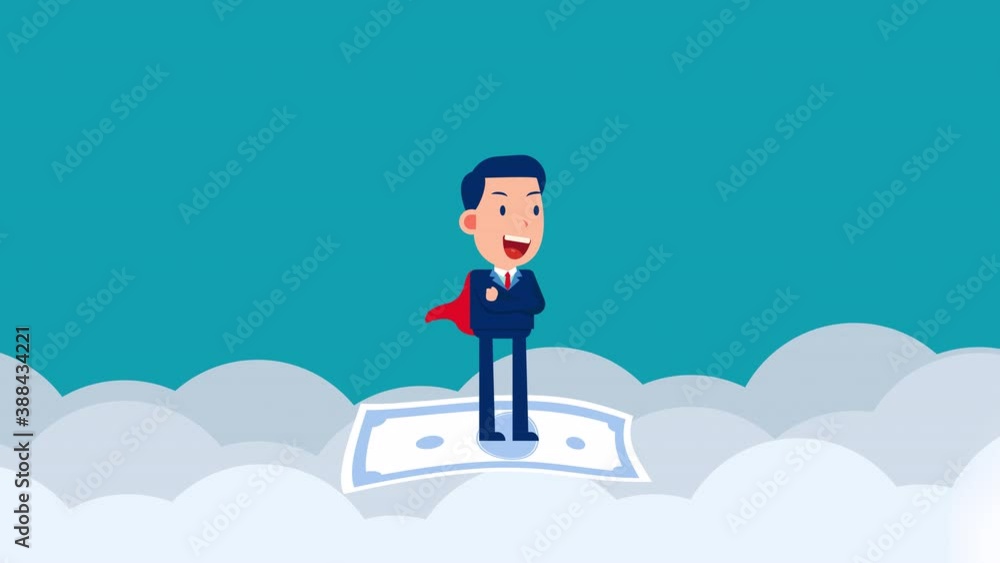 Leader stand on money paper plane. Business cartoon animation Leader stand on money paper plane. Business cartoon animation