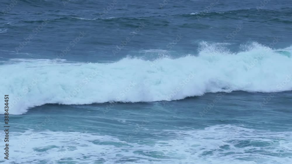 Turquoise waves with white foam rolling forward, panning shot Turquoise waves with white foam rolling forward, panning shot